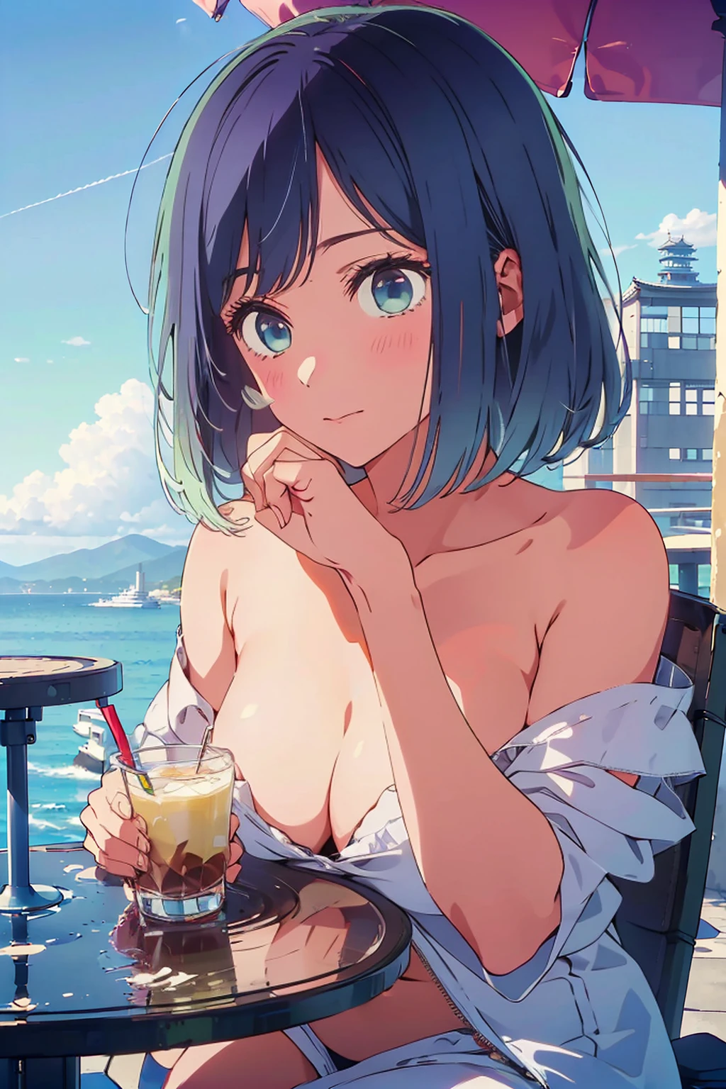 (Highest quality:1.4、8K:1.4、detailed)、F cup bust、Big Breasts、Slim body、Very white beautiful skin、((((1 person、Surprised expression、sit、Chair、In the background are the urban buildings of Tokyo、looking at the camera、Outdoor café terrace、Navy hair color、juice、Shooting from an angle、table、Very cute face))))、((((nude、very beautiful areola))))、(Hand touching cheek pose:1.4、Cheek resting on hand:1.4)、(Off-the-shoulder blouson、Black blouson with zipper)、Very blue sky、A completely cloudless sky