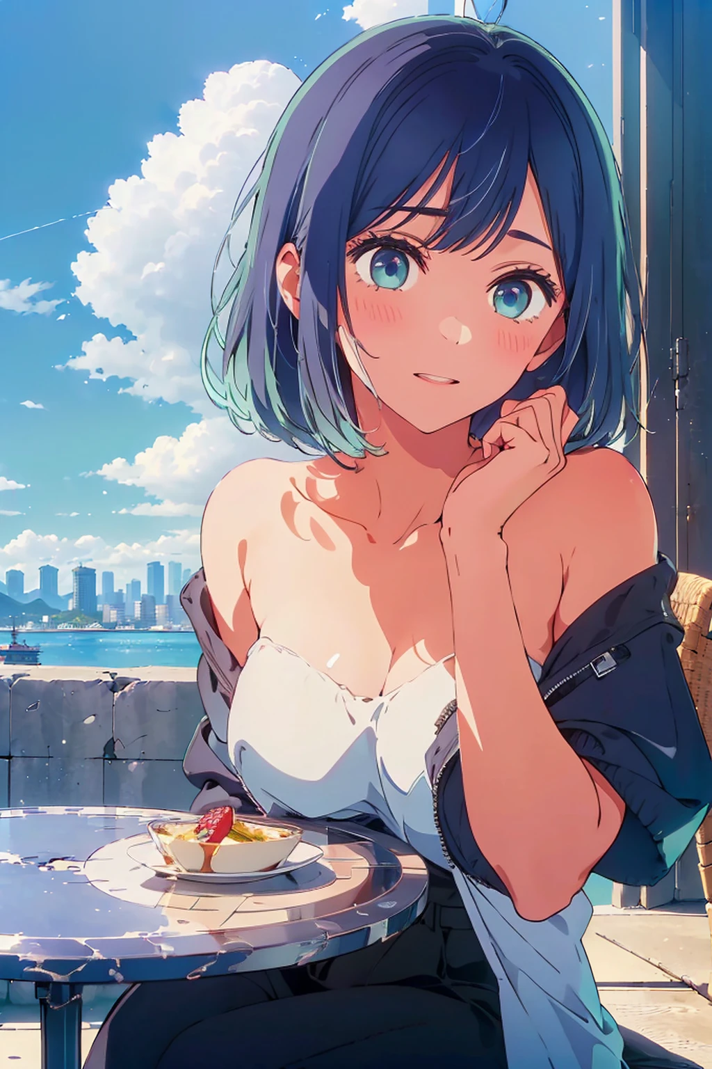 (Highest quality:1.4、8K:1.4、detailed)、F cup bust、Big Breasts、Slim body、Very white beautiful skin、((((1 person、Surprised expression、sit、Chair、In the background are the urban buildings of Tokyo、looking at the camera、Outdoor café terrace、Navy hair color、juice、Shooting from an angle、table、Very cute face))))、((((nude、very beautiful areola))))、(Hand touching cheek pose:1.4、Cheek resting on hand:1.4)、(Off-the-shoulder blouson、Black blouson with zipper)、Very blue sky、A completely cloudless sky