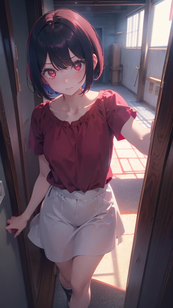 girl with short bob hair,Red eyes ,A shining heaven,Walking in heaven,細い脚