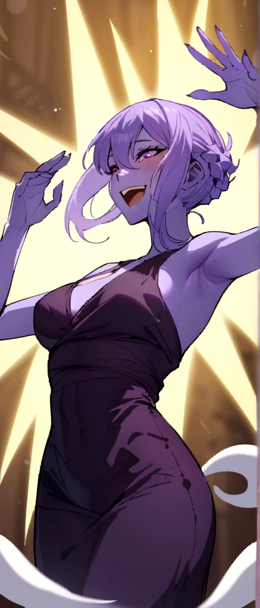 Ghost, (monster Girl), Purple skin, spike, Spiky purple hair, Caught Laughter, Floating Hand, Wearing a deep purple dress, Floating in the air, masterpiece, Highest quality