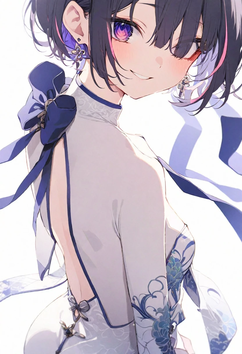 (muste piece), (best quality), very detailed eyes, expressive eyes, perfect face, very detailed face, highly detailed face, beautiful girl, 8K, beautiful girl, white background, delicate and beautiful face and eyes, dark intense shadow,
1 girl, vtuber style, cool girl, hololive, amane kanata, streaked hair, short hair, china dress,chinese clothes, earrings, white pantyhose, Backless clothing, back, back to viewer, ass, lower body, small chest, cropped shoulders, clavicle, one eye close winking, smile, body visible through clothes, chest visible through clothes, (full body), standing,