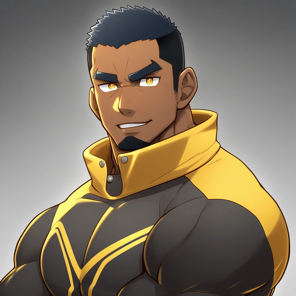 anime characters:Gyee, Muscle Sports Student, negro black skin, Buzz Cut, 1 dark skin muscular tough guy, Manliness, male focus, Dark yellow high collar long sleeve tight T-shirt, Slightly transparent texture, Very tight, Slightly transparent, muscular male, muscular, only, Upper body, alone, Black short hair, Thick eyebrows, stubble, Yellow eyes, Grey background, simple background, amazing quality, best aesthetics, Ridiculous, bright pupils, crew cut, parted lips, seductive smile, torogao, naughty face, best quality
