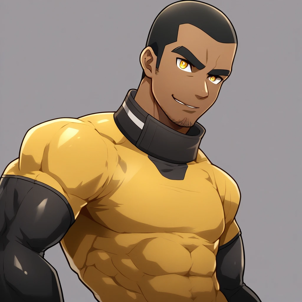 anime characters:Gyee, Muscle Sports Student, negro black skin, Buzz Cut, 1 dark skin muscular tough guy, Manliness, male focus, Dark yellow high collar long sleeve tight T-shirt, Slightly transparent texture, Very tight, Slightly transparent, muscular male, muscular, only, Upper body, alone, Black short hair, Thick eyebrows, stubble, Yellow eyes, Grey background, simple background, amazing quality, best aesthetics, Ridiculous, bright pupils, crew cut, parted lips, seductive smile, torogao, naughty face, best quality
