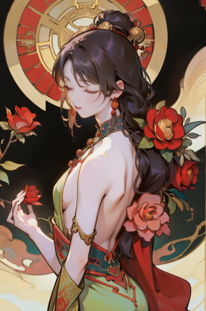 There is a woman's back in ancient China, back of the head, (only), (bare back tattoo), beautiful closed eyes, detailed face, like a dream, red and gold flowers, Ukiyo style, artwork Guwitz style. , Guviz, Alphonse Mucha and Rose Drews, a beautiful artistic illustration, author: Li Song, author: heroes, author: Zou Zhe, by Zeng Jing, by Ye Xin, author: Shitao, author: Zhou Fang, art nouveau Korean anime, Long loose hair