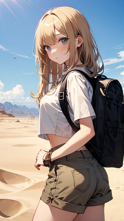 A beautiful girl exploring the vast desert、Semi-long blonde hair、Beige explorer outfit showing midriff、Backpack、Shorts、whole body、View from afar
