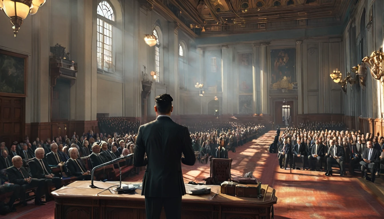 A politician man gives a speech, wearing a black suit. The scene is a large parliament hall. 4k masterpiece, best quality, (Highly Detailed CG Unity 8k Wallpaper), (Best Quality), (Best Illustration), (Best Shadows), Incredibly realistic lighting, (Depth), Beautiful glow, Art by Peter Mohrbacher.