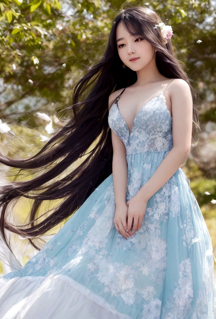 A girl facing forward, all alone、Wearing a beautiful flowing dress that flutters in the breeze、Smiling in the light、Shines like official art. The girl's skin is very smooth and shiny., It reflects a myriad of colors mixed together in subtle patterns that make up an abstract background.. She watches in awe, Her long, Wavy silver hair catches the light and frames her glow, Beautiful Face. Mr.々Feathers of various colors are floating、Watching the audience