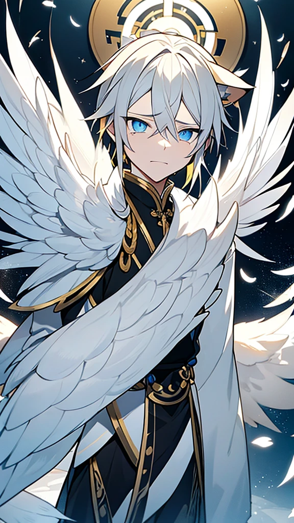 A guy with yellow hair with long eyes, white color, tears of golden color, black white squirrels in blue eyes, star, Chinese ancient clothes, gray color, wings and white feathers below 