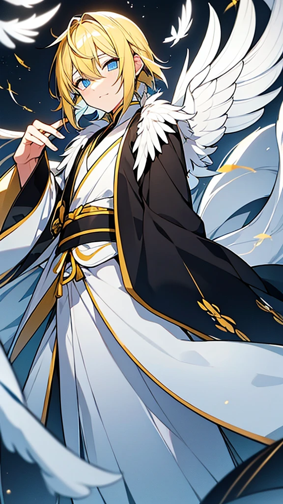 A guy with yellow hair with long eyes, white color, tears of golden color, black white squirrels in blue eyes, star, Chinese ancient clothes, gray color, wings and white feathers below