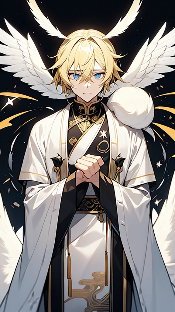 A guy with yellow hair with long eyes, white color, tears of golden color, black white squirrels in blue eyes, star, Chinese ancient clothes, gray color, wings and white feathers below
