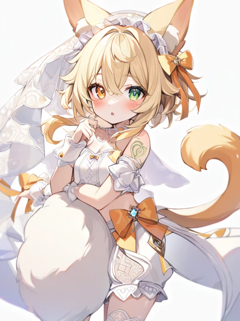 1girl, animal ears, bangs, bare shoulders, blonde hair, blush, bow, breasts, white cleavage, cropped torso, , green eyes, hair ribbon, heterochromia, , looking at viewer, open mouth, orange bow, orange eyes, orange ribbon, ears of an unusual animal, a real tail, a fluffy tail, two tails on the sides, ribbon, solo, stuffed animal, , upper body, full-length, white legbands, white shoes with lace and white bows, white background, wrist cuffs, yellow eyes, bloomers, close-up, fair skin frills, lace, midriff, skirt, solo, , white background,shorts, white top with ribbon and lace and trousers,trousers, genshin,white slippers with a bow,All clothes are white, laceAt full height, it ,the veil on the head, small tattoo on one shoulder, tattoo of ears and curved patterns