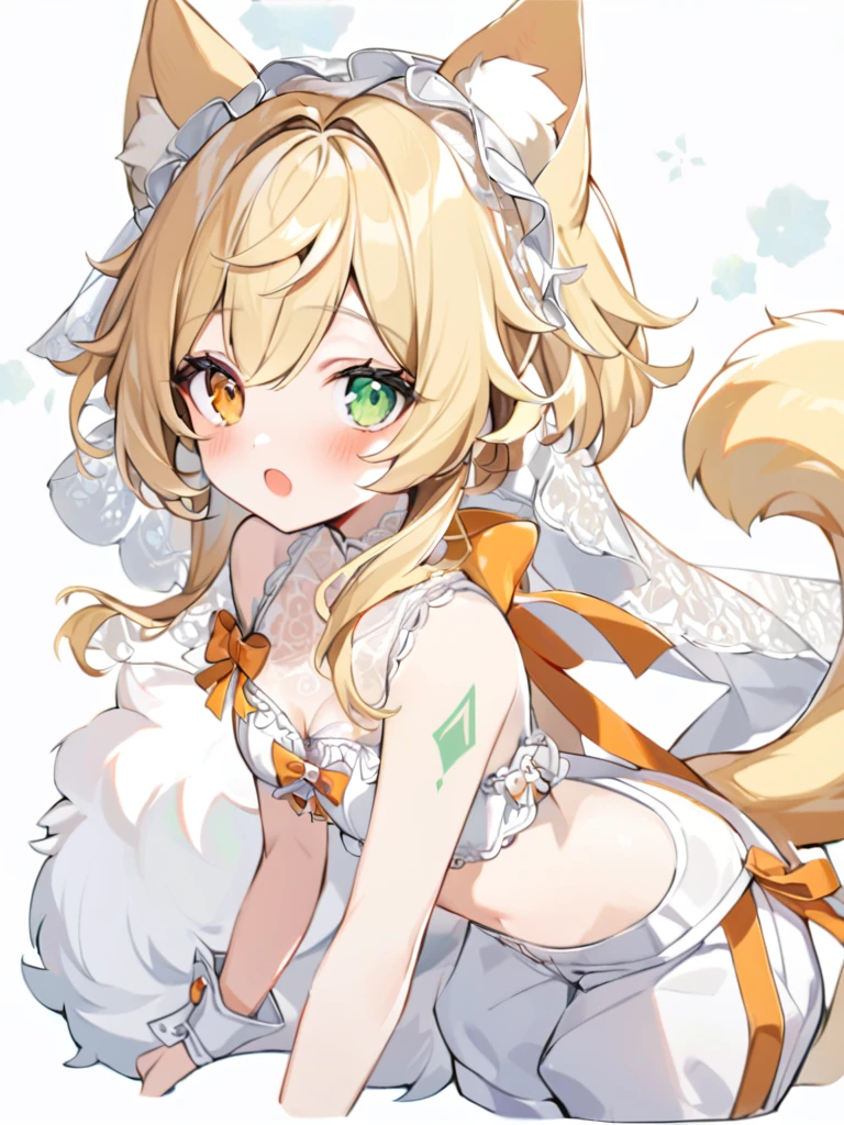 1girl, animal ears, bangs, bare shoulders, blonde hair, blush, bow, breasts, white cleavage, cropped torso, , green eyes, hair ribbon, heterochromia, , looking at viewer, open mouth, orange bow, orange eyes, orange ribbon, ears of an unusual animal, a real tail, a fluffy tail, two tails on the sides, ribbon, solo, stuffed animal, , upper body, full-length, white legbands, white shoes with lace and white bows, white background, wrist cuffs, yellow eyes, bloomers, close-up, fair skin frills, lace, midriff, skirt, solo, , white background,shorts, white top with ribbon and lace and trousers,trousers, genshin,white slippers with a bow,All clothes are white, laceAt full height, it ,the veil on the head, small tattoo on one shoulder, tattoo of ears and curved patterns