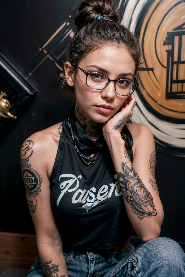 an attractive and handsome (tattoo artist:1.1) welcomes you to his tattoo studio, (She sits in front of her (Mural flash art:1.4), a variety of 10-20 tattoo designs), Inside the tattoo studio, We see the latest tattoo weapons., ink, Sanitary items and inspirations., photo realistic, (35% from the black photo to the drawing:1.4), She is a UN (amazing tattoos:1.3) ability , (She wears thick glasses with dark frames., Black t-shirt with anime graphic print., Dark Jeans, scarf in hair, without drilling) and staring at the camera (Studio neon:1.1), smoky, (Rembrandt Lighting:0.9) ,(Intimate and informal photo shoot), beautiful face, slight smile, intense presence, masterpiece neck tattoo, Obsessively detailed illustrations, ((Wall of Flash: Common models, usually drawn on cardboard and displayed prominently on walls or in binders in some tattoo shops. The selection in tattoo studios can be quite Fascinating)) , comfortable and relaxed, atrapanos, beautiful hands, kind eyes, Magnificent warm lighting:1.4,, incredible details, ((high contrast)), (deep, Darkest Shadows), (shadow details:1.0), ((taken with Leica camera, opening: F/2.3)) , Hyperrealistic skin, pores, scar, taupe, (He has black hair pulled back from his face.., neat bun), smoky eye makeup, tattooed skin,, his arms relaxed , relaxing, She is in the dark with a glow of natural light., (romantic light:1.2), radiant skin, Perfect face Perfectly framed, Perfectly relaxed hands, PerfectFingers, (perfect portrait, Incredible eyes:1.1), a work of art, beautiful composition, Golden name, inspiring, (highest quality fabric texture), Every detail,Fine facial features – (of the highest quality) ,leica camera film, High quality ○○ detailed – ○○ ultra detailed details(ultra-Fin ), photorealistic, extremely detailed(