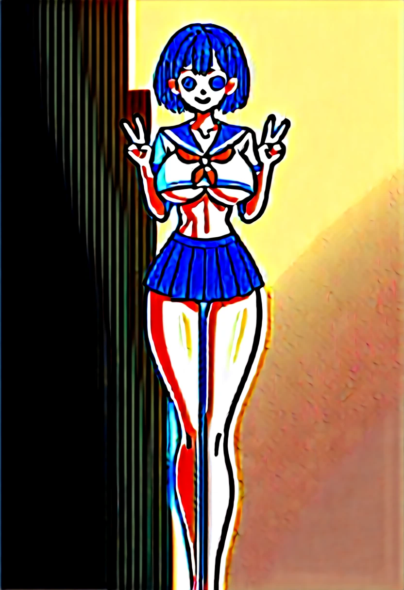 (masterpiece, best quality), front shot,  beautiful 1girl, (big breasts, micro waist, very long legs:1.3), Black hair, short bob hair, short height, scrawny and thin body, Light Skin, cute big eyes, cute beautiful thin face, forced smile, serafuku, mini skirt, pigeon-toed, wet and sweaty, visible ribs, Beautiful belly button, V sign, Trembling