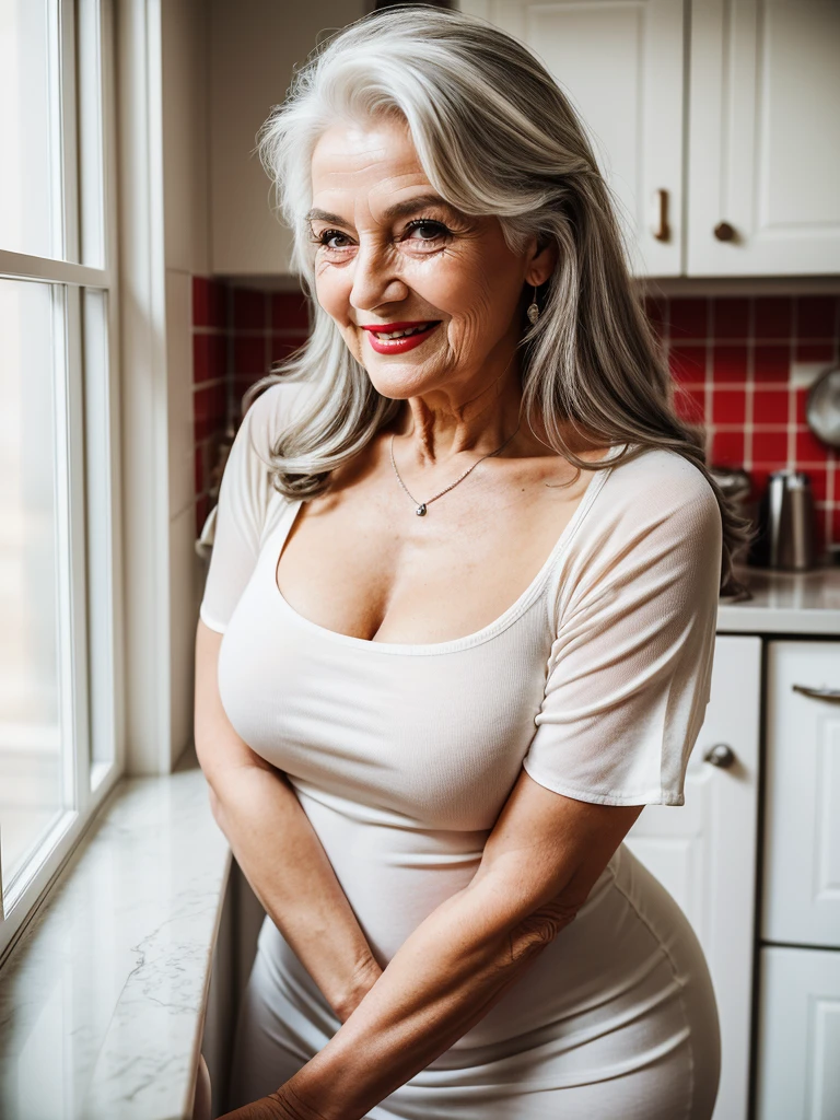 Mature old woman 80 years with hair, plus size, old face and body with many wrinkles, smiling, loose skin, standing at her sunny kitchen, She wearing white mini dress with deep neckline, wearing sexy white tight mini dress, she is posing leaning on the kitchen table, old face and body with wrinkles, legs are visiable, old face, bright makeup, red lips, attractive grandma, a gorgeous old long hair, beautiful old grandma, lovely older mature grandma, gorgeous beautiful grandma over 80 years old, beautiful silver hair grandma, a beautiful old granny