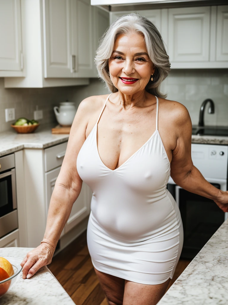 Mature old woman 80 years with hair, plus size, old face and body with many wrinkles, smiling, loose skin, standing at her sunny kitchen, She wearing white mini dress with deep neckline, wearing sexy white tight mini dress, she is posing leaning on the kitchen table, old face and body with wrinkles, legs are visiable, old face, bright makeup, red lips, attractive grandma, a gorgeous old long hair, beautiful old grandma, lovely older mature grandma, gorgeous beautiful grandma over 80 years old, beautiful silver hair grandma, a beautiful old granny