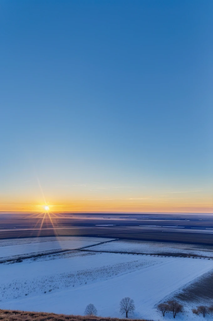 Create a beautiful natural blue sky with clauses and sun shining bright ( dawn time ) viewed from a plain landscape perspective