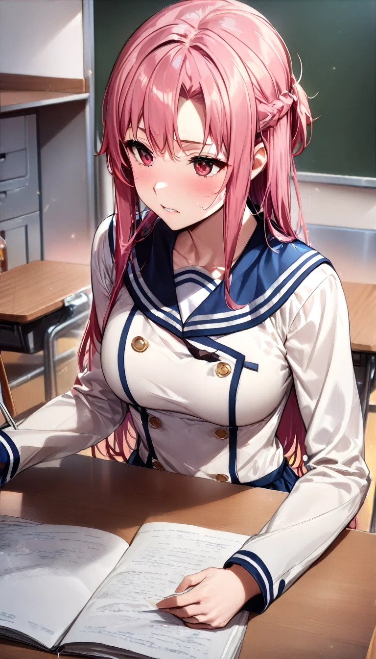 masterpiece,, alone, Yuuki Asuna, ((masterpiece)), High Resolution、((A man rubs her breasts from behind))、(Molestation in the classroom)、Sailor suit、mini skirt、Five men、Sleep on the desk、