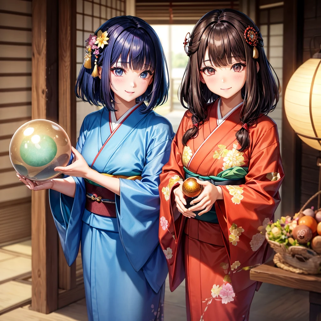 I'm wearing a kimono. My hair is brown, straight, and in a bob style. My eyes are blue and I have a double eyelid. My facial features reflect a Western and Asian mix.
I'm wearing a kimono. Please give me a gentle and beautiful face with a smiling expression. I'm facing forward, holding a round crystal ball with both hands.