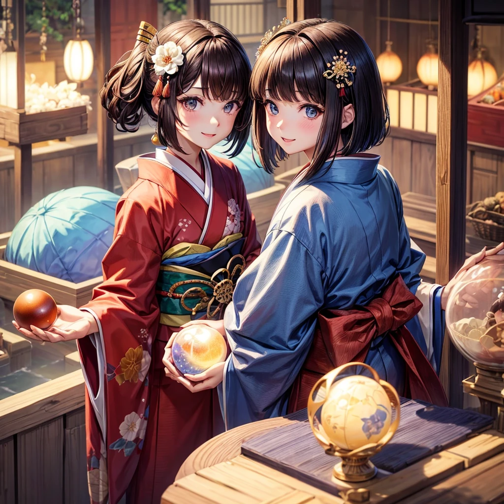 I'm wearing a kimono. My hair is brown, straight, and in a bob style. My eyes are blue and I have a double eyelid. My facial features reflect a Western and Asian mix.

I'm wearing a kimono. Please give me a gentle and beautiful face with a smiling expression. I'm facing forward, holding a round crystal ball with both hands.