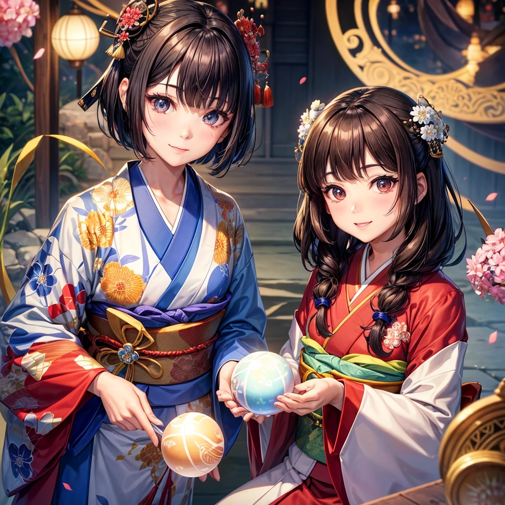 I'm wearing a kimono. My hair is brown, straight, and in a bob style. My eyes are blue and I have a double eyelid. My facial features reflect a Western and Asian mix.
I'm wearing a kimono. Please give me a gentle and beautiful face with a smiling expression. I'm facing forward, holding a round crystal ball with both hands.