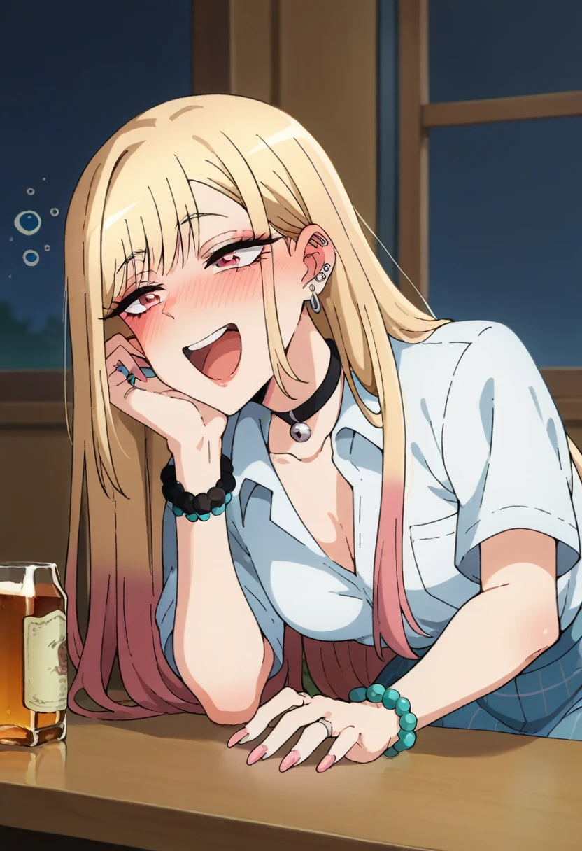 score_9, score_8_up, score_7_up, source_anime, KitagawaMarin, 1girl, ((very drunk)), ((staggers)), upper teeth only, multicolored hair, long hair, magenta eyes, ear piercing, earrings, pink nails, makeup, MarinSchool, bead bracelet, black choker, neck bell, ring, collared shirt, ((white shirt unbuttoned)), short sleeves, blue necktie, plaid skirt, ((blue skirt)), tied shirt, ((lying on a table)), looking at viewer, ((has a stomach ache)), ((shows her naked breasts)), ((skirt lowered)), ((drinks a lot of alcohol)), indoors, classroom, blurry background