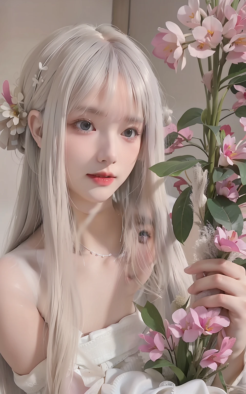 Blonde girl in white dress with pink flowers on face., White hime cut hairstyle, long gray hair and bangs, white bangs, with long white hair, hermosa delphine, pale porcelain white skin, with long white hair, pale hair, pale goth beauty, Kawaii Aesthetics, girl with white hair, anime aesthetic, Your face is like an orchid, beautiful gray hair