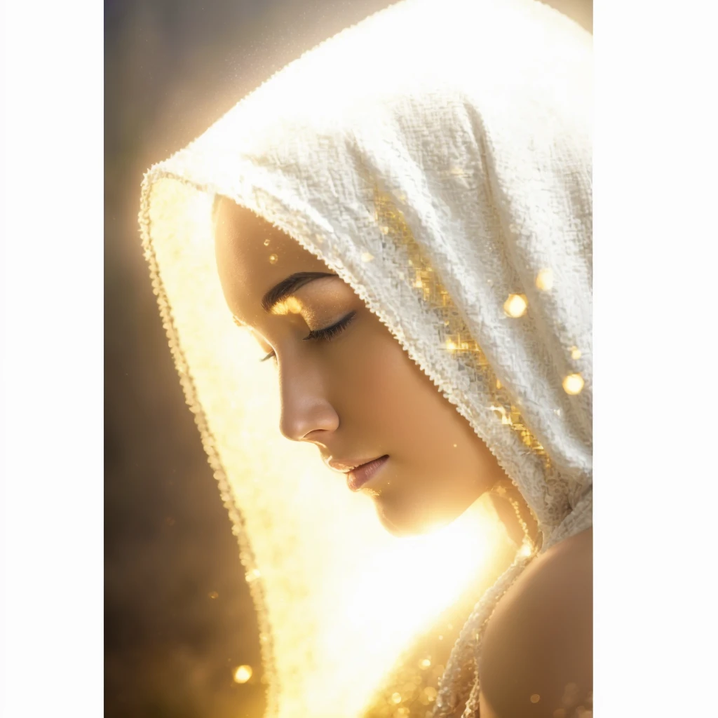 Very real image. Beautiful profile face of an illuminated being, with completely white skin, closed eyes, small and perfectly symmetrical nose, small lips, a white hood with bright gold sparkles covers his head, his face is tilted downwards with a tender and ceremonial posture. Photorealism, full view, highly detailed image, very realistic, hyperrealism, Ultra HD, 8k, 5, sharp focus, intricate and mysterious masterpiece. (Long exposure photography Very detailed close-up portrait artistic illustration: final quality, medium shot, backlight, Rich and striking. Enigmatic and mysterious manipulations (composition of the rule of thirds), ((detailed environment with strong lines) The best quality, in camera, white light, warm and clean aesthetics, dazzling screen composed of millions of brilliant ultraviolet rays, HDR.