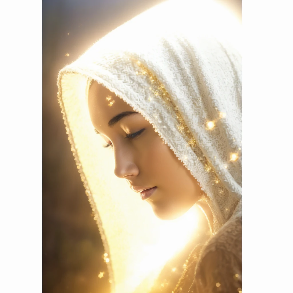 Very real image. Beautiful profile face of an illuminated being, with completely white skin, closed eyes, small and perfectly symmetrical nose, small lips, a white hood with bright gold sparkles covers his head, his face is tilted downwards with a tender and ceremonial posture. Photorealism, full view, highly detailed image, very realistic, hyperrealism, Ultra HD, 8k, 5, sharp focus, intricate and mysterious masterpiece. (Long exposure photography Very detailed close-up portrait artistic illustration: final quality, medium shot, backlight, Rich and striking. Enigmatic and mysterious manipulations (composition of the rule of thirds), ((detailed environment with strong lines) The best quality, in camera, white light, warm and clean aesthetics, dazzling screen composed of millions of brilliant ultraviolet rays, HDR.