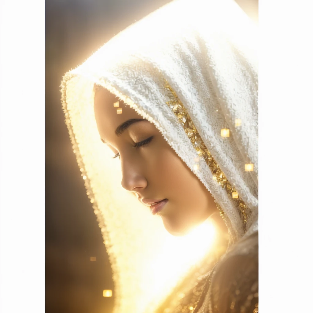 Very real image. Beautiful profile face of an illuminated being, with completely white skin, closed eyes, small and perfectly symmetrical nose, small lips, a white hood with bright gold sparkles covers his head, his face is tilted downwards with a tender and ceremonial posture. Photorealism, full view, highly detailed image, very realistic, hyperrealism, Ultra HD, 8k, 5, sharp focus, intricate and mysterious masterpiece. (Long exposure photography Very detailed close-up portrait artistic illustration: final quality, medium shot, backlight, Rich and striking. Enigmatic and mysterious manipulations (composition of the rule of thirds), ((detailed environment with strong lines) The best quality, in camera, white light, warm and clean aesthetics, dazzling screen composed of millions of brilliant ultraviolet rays, HDR.