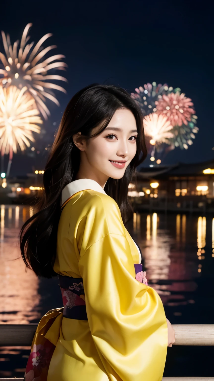 Beautiful supermodel woman with dark hair, A lock of hair with slight highlights, black eyes, mixed media, sexly,Japanese style festival background,Colorful kimono , Liquid color flows across her face, Photographed by Yui Aragaki、smile、(night)、(Enjoying the fireworks)、The kimono is yellow