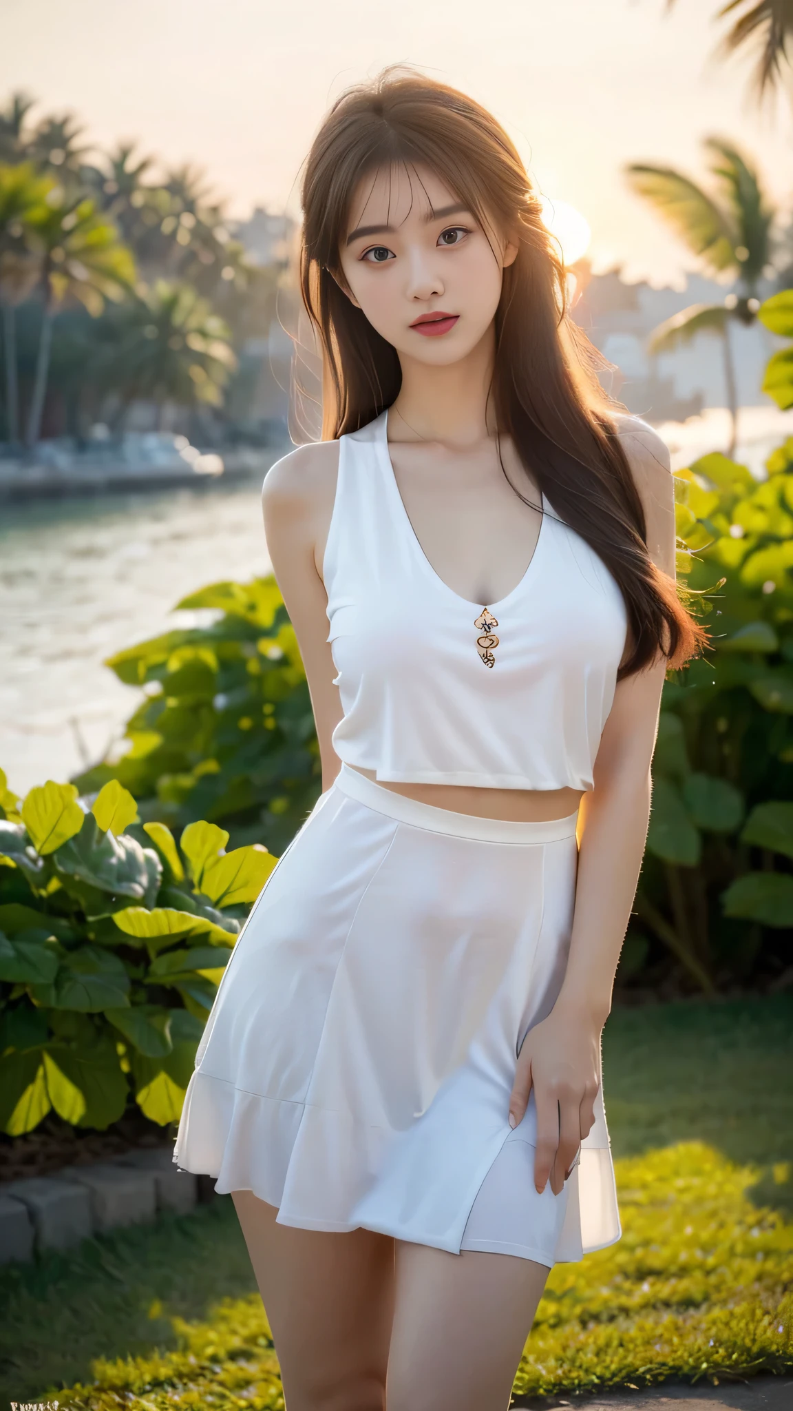 Ultra-detailed 8K photos of Japanese gravure models,Shoulder-length wavy hair and striking hazel eyes. She strikes a seductive pose on a tropical beach, dress chicly, Vest, mini skirt, The afterglow of the setting sun casts a warm light on her, when she naughtily, Looking at the camera, Surrounded by peaceful and beautiful ocean and palm trees