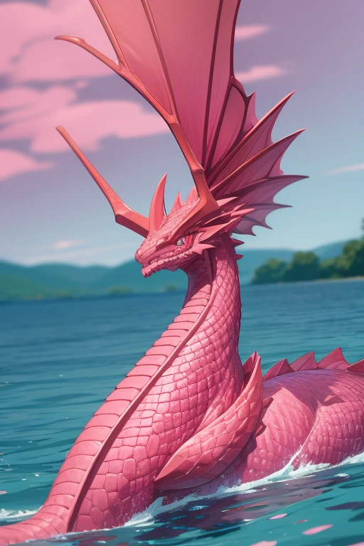 a large pink gum dragon with red eyes and pink scales sitting in a purple lake