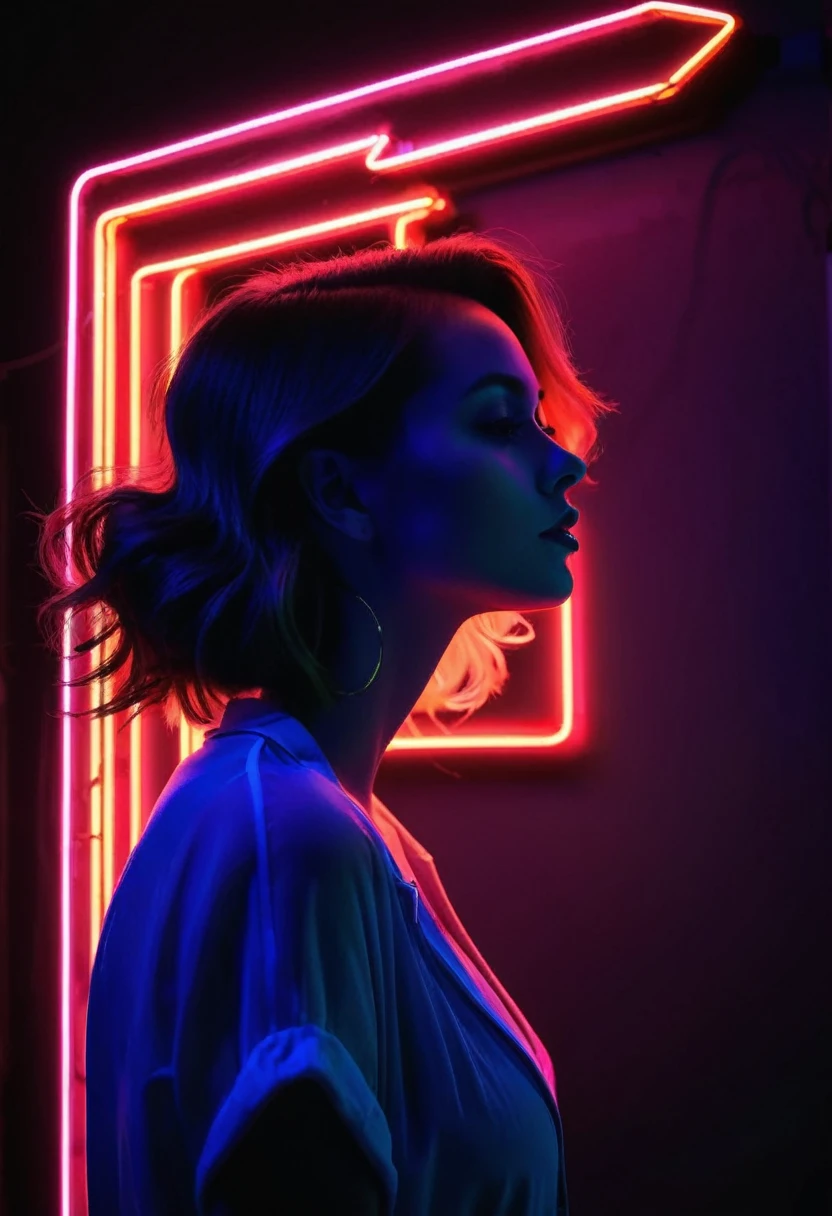 Side face silhouette，Shadow of beautiful woman under neon sign,Huge neon signboard，(Neon sign with text:1.5)
