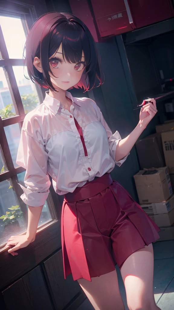 girl with short bob hair,Red eyes ,A shining heaven,Walking in heaven,細い脚