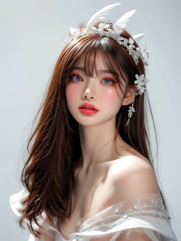 White Background、Professional Lighting、(((Professional Lighting 1.5)))、Translucent skin texture、Beautiful Skin、Beautiful Skin、、Off the shoulder、White Dress、See-through、fluttering feathers、Ecstasy of Musical Notes、(())、Face close-up