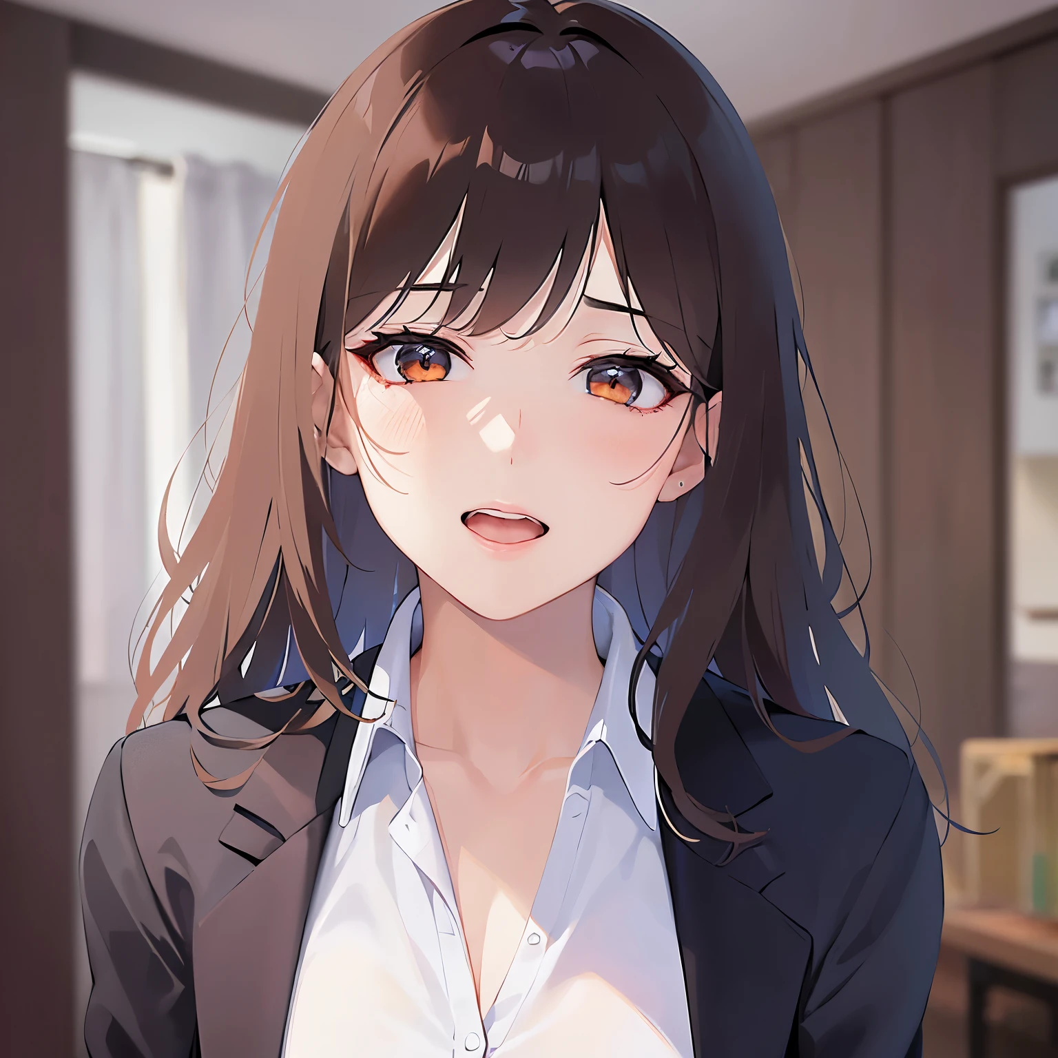 looking up,angle from the front,Upper Body, Realistic, real person, (pale skin: 1.2), RAW photo, photorealistic, shiny skin, shiny hair、 (A 35-year-old woman with medium-length hair and bangs) and (wavy hair) and (brown hair) and (Orange Eyes)、blush ,smile,(Wearing a business suit:1.5) and (Wearing a white collared shirt)、,The background is the living room、Alone、Are standing、Wearing a black jacket、Cleavage、Hands raised、BREAK half closed eyes BREAK、open mouth