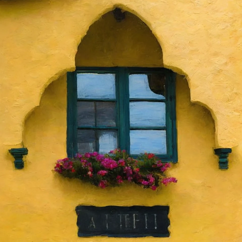 
“Create a masterpiece, ultra-detailed, beautiful, distinct, best aesthetic, super fine illustration of a vibrant yellow wall with an arched window frame. The window shutters are teal blue, and there are hanging pink flowers. Ornamental blue teardrops adorn the scene, and a vintage year sign reads ‘1892.’ The soft natural light creates shadow play on the textures. The architectural style is colonial. Use a drawing style that combines Mixed Media, Impasto, pointier painting method, and pointillism. Additionally, consider elements like repoussoir and Sfumato. Capture the essence of impressionism and Van Gogh’s style while detailing the digital painting.”