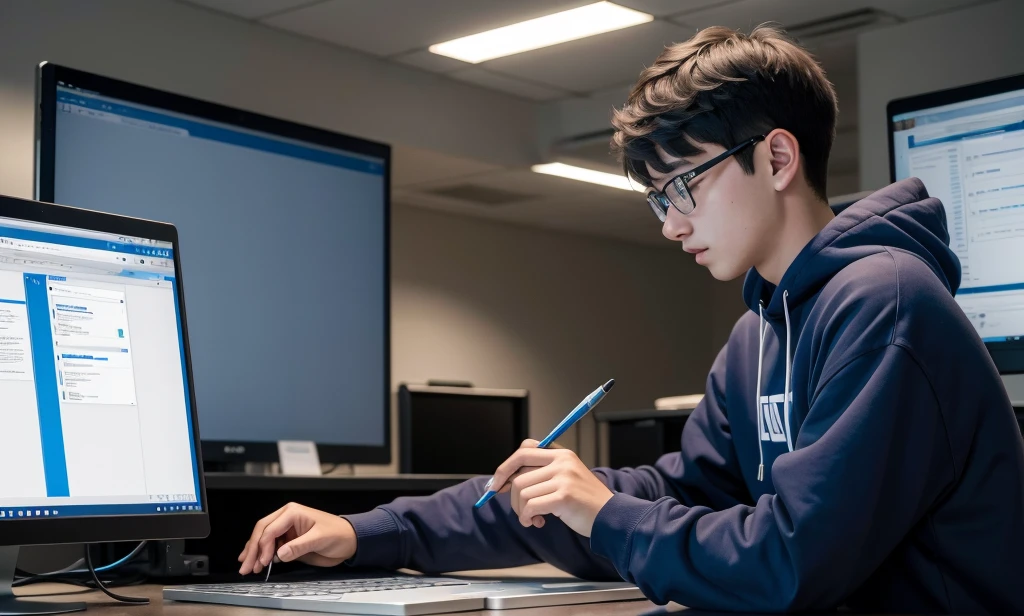 Generate an image with a young man working on computer programming with a sweatshirt on the right side and inside a technology room alone