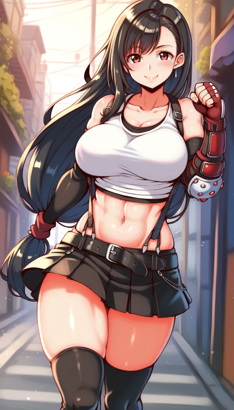 ,1990s_(style),,core_9, score_8_up, score_7_up,score_6, score_5,4k,rating_safe BREAK , (from front.from front,(breast focus:),standing,straight-on,(fist),,(upperbody),looking_at_viewer ,1girl, tifa lockhart, final fantasy, tareme,black hair, low-tied long hair, red eyes, bangs, (white tank top, belt, pleated skirt, thighhighs, elbow fingerless gloves, elbow pads, midriff, navel,suspender skirt) ,large_breasts,(light smile),,,Solo,,(daytime and beachside and city),detailed skin,(best quality),(aesthetic,very aesthetic),UHD,HDR,intricate detailed,anime,highly detailed,sharp focus,depth of field,,professional lighting,cinematic lighting