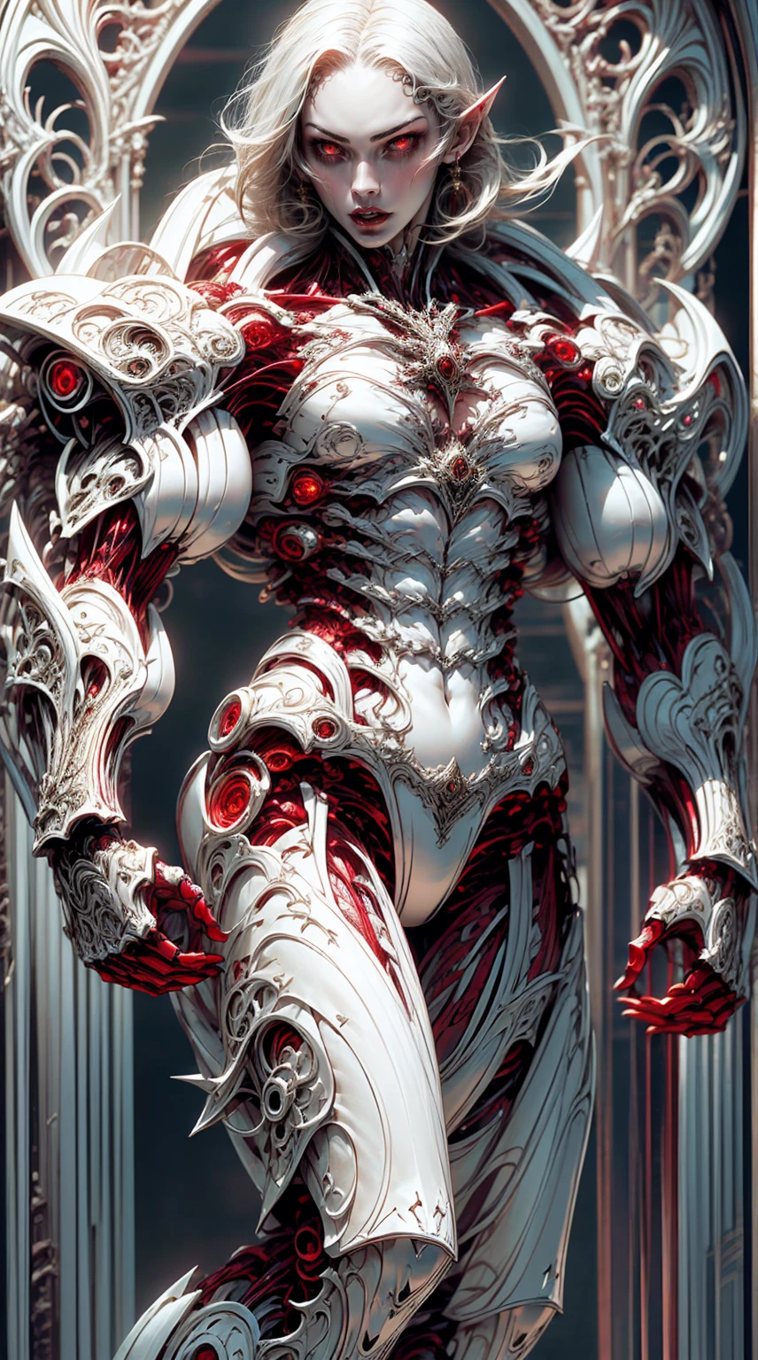 (megan fox:1.25), (muscular:1.5), (full body view:1.25), (masterpiece:1.1), (best quality:1.1), (ornate:1.1), (red and black coloring:1.26), BREAK, (horror:1.0), (esoteric:1.1), (solo:1.4), (dynamic angle:1.0), (cowboy shot:1.0), (woman:1.1),(very muscular bodybuilder girl:1.25), (huge upper body:1.25), (narrow hips:1.0), long hair, (gothic intricate vampiric armor:1.25), (gauntlets:1.0), (shoulder armor:1.1), ((tarot style frame:1.25)), (glowing red eyes:1.25), (huge muscular arms:1.5,), (10-pack abs:1.4), (lots of veins:1.25), thin legs, Realistic, Very detailed face and eyes, masterpiece, (beautiful girl face:1.25)