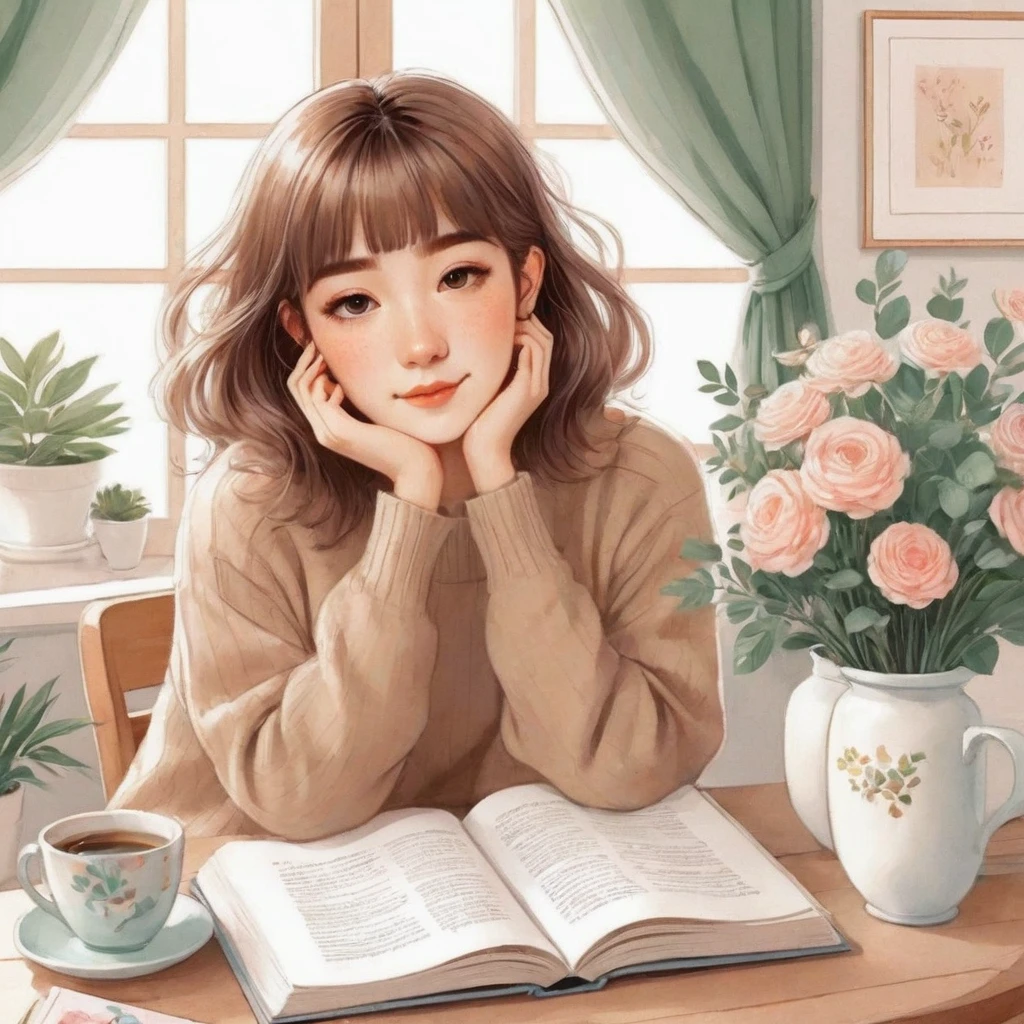 anime girl reading a book and drinking coffee at a table, happy cozy feelings, relaxing mood, cute illustration, realistic cute girl painting, beautiful illustration, beautiful drawing style, dreamy illustration, cozy place, relaxed expression, thoughtful ),cabelo negros. cozy wallpaper, by Kim Jeong-hui, cozy aesthetic, infp girl, drawing style, exciting illustration, lofi girl