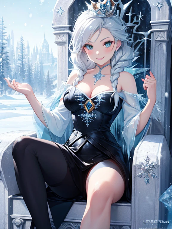 The snow queen, whole body, android18Number, (Frozen, ice, silver, luxurious, heavy, throne of power), Leg spread, (masterpiece), highest quality, Fearless smile, 1girl, uhd, retina, masterpiece, ccurate, anatomically correct, textured skin, super detail, high details, high quality, best quality, highres, 4K