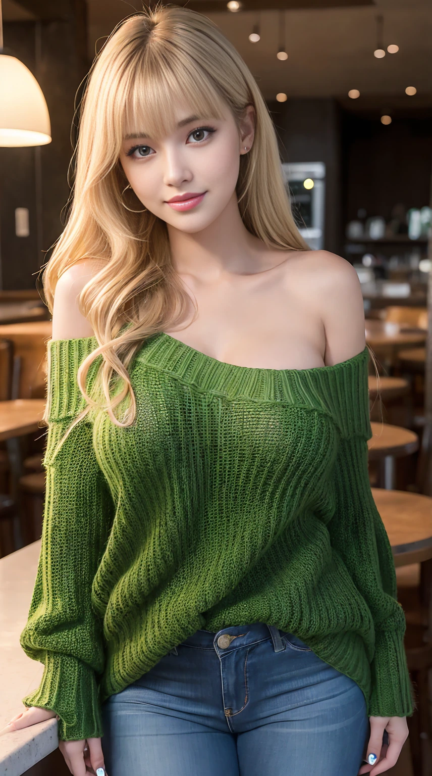 Browsing Caution,masterpiece,Highest quality,8K,28 years old,(Female masturbation),Long Hair,With bangs,Blonde,Gal Makeup,Dark Skin,Saggy breasts,Big Breasts,Underboob,Droopy eyes,Thick lips,Gloss Lip,Charming smile,Off-the-shoulder green knit sweater,jeans,Cafe