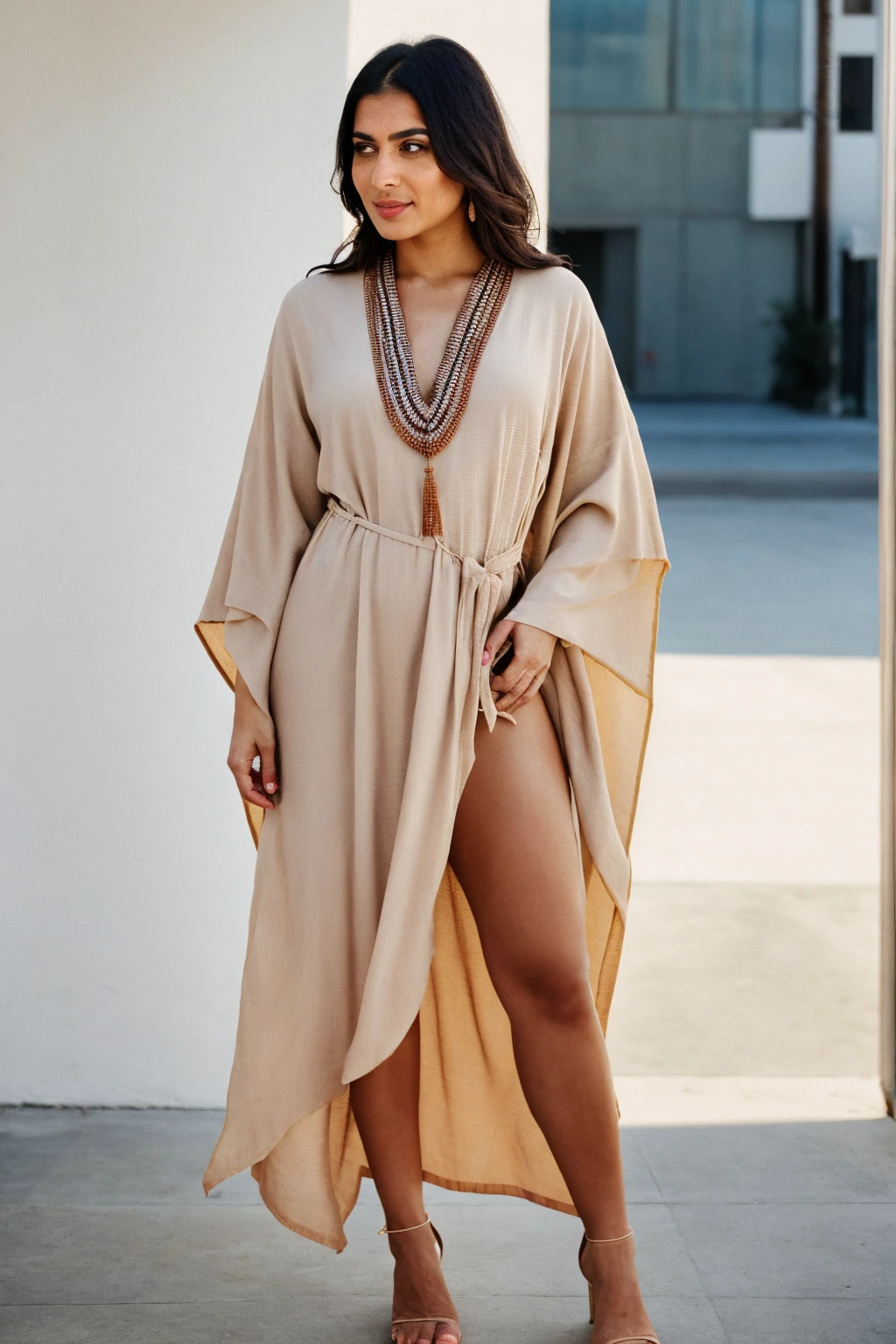 RAW photo,candid photograph, full body,photo of a beautiful,influencer,30yo Kurdish woman,wearing a beige Kaftan, detailed skin,pubes,naked, looking at viewer, thick body structure,white background,no background, candid pose,blue light, film grain, kodak color, instagram LUT