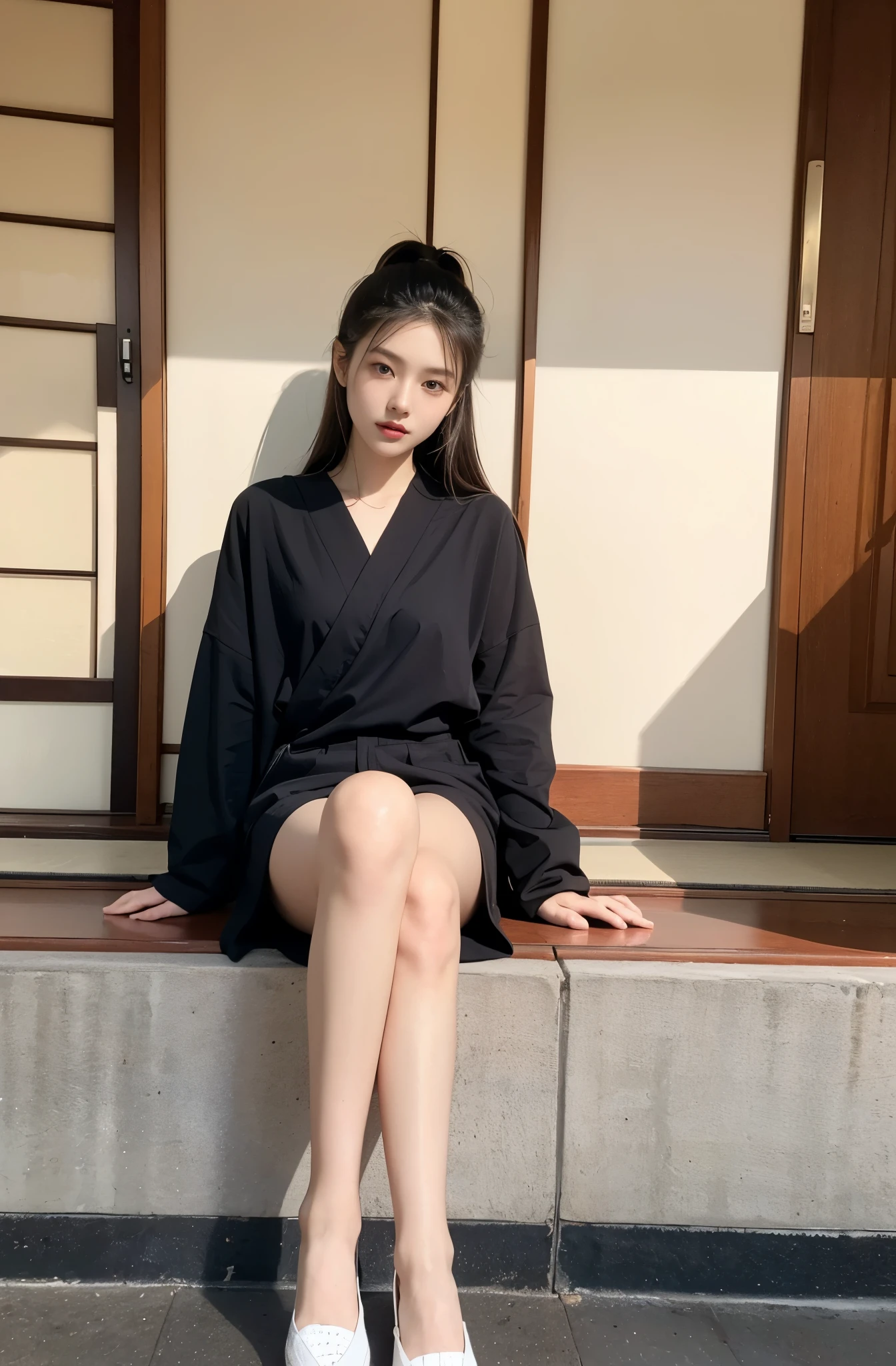 22w 2020s fashion, full body of a 20-year-old Japanese beauty sitting, snapshot not looking at the camera, double and big eyes, face is downcast, beautiful thigh