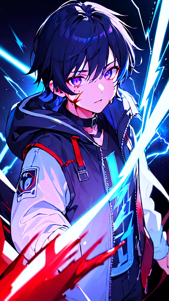 [(BLACK BACKGROUND:1.5),::5], ((((masterpiece)))), high quality, ultra very high resolution, full color, (((solo))), (()), black hair, ((blue colored inner hair)), ((purple eyes)), anime, ((upper body)), neon light, black parka, (lightning effect:1.2), (Blood effect:1.5)