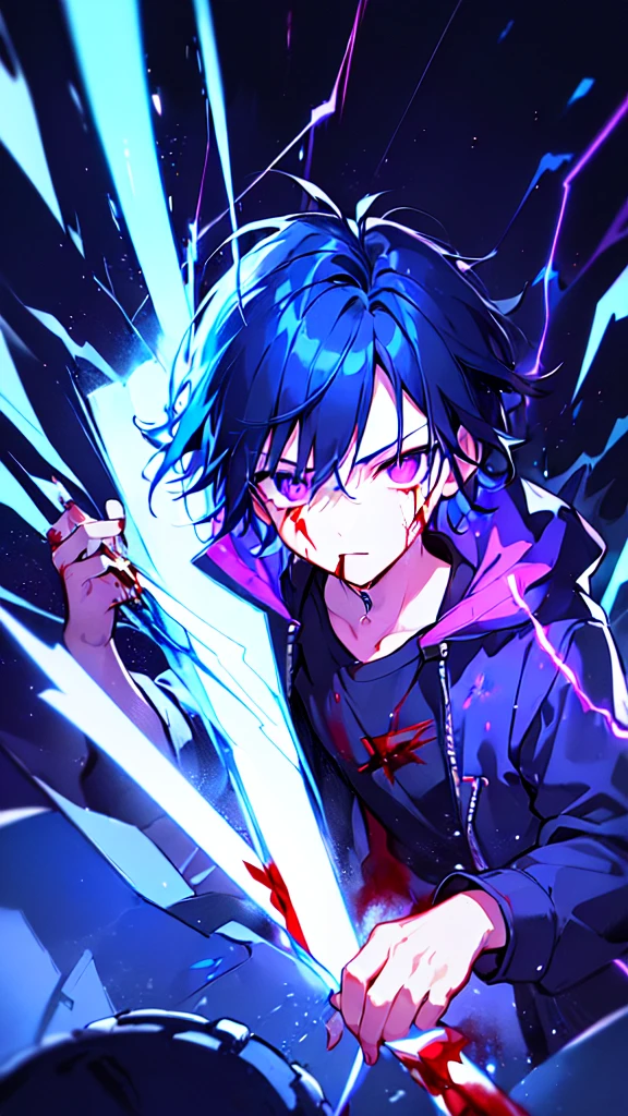 [(BLACK BACKGROUND:1.5),::5], ((((masterpiece)))), high quality, ultra very high resolution, full color, (((solo))), ((little boy)), black hair, ((blue colored inner hair)), ((purple eyes)), anime, ((upper body)), neon light, black parka, (lightning effect:1.2), (Blood effect:1.5)