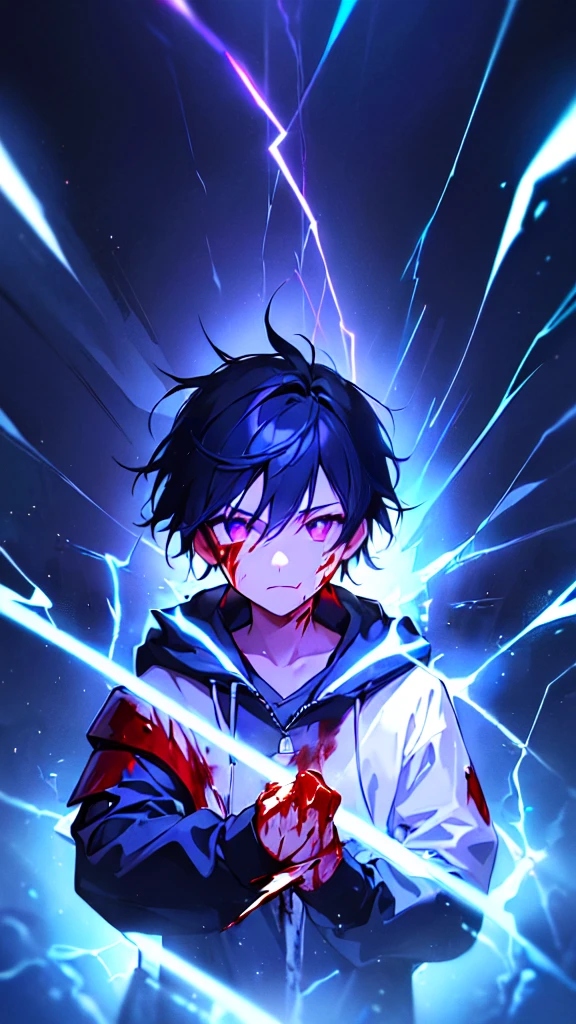 [(BLACK BACKGROUND:1.5),::5], ((((masterpiece)))), high quality, ultra very high resolution, full color, (((solo))), ((little boy)), black hair, ((blue colored inner hair)), ((purple eyes)), anime, ((upper body)), neon light, black parka, (lightning effect:1.2), (Blood effect:1.5)