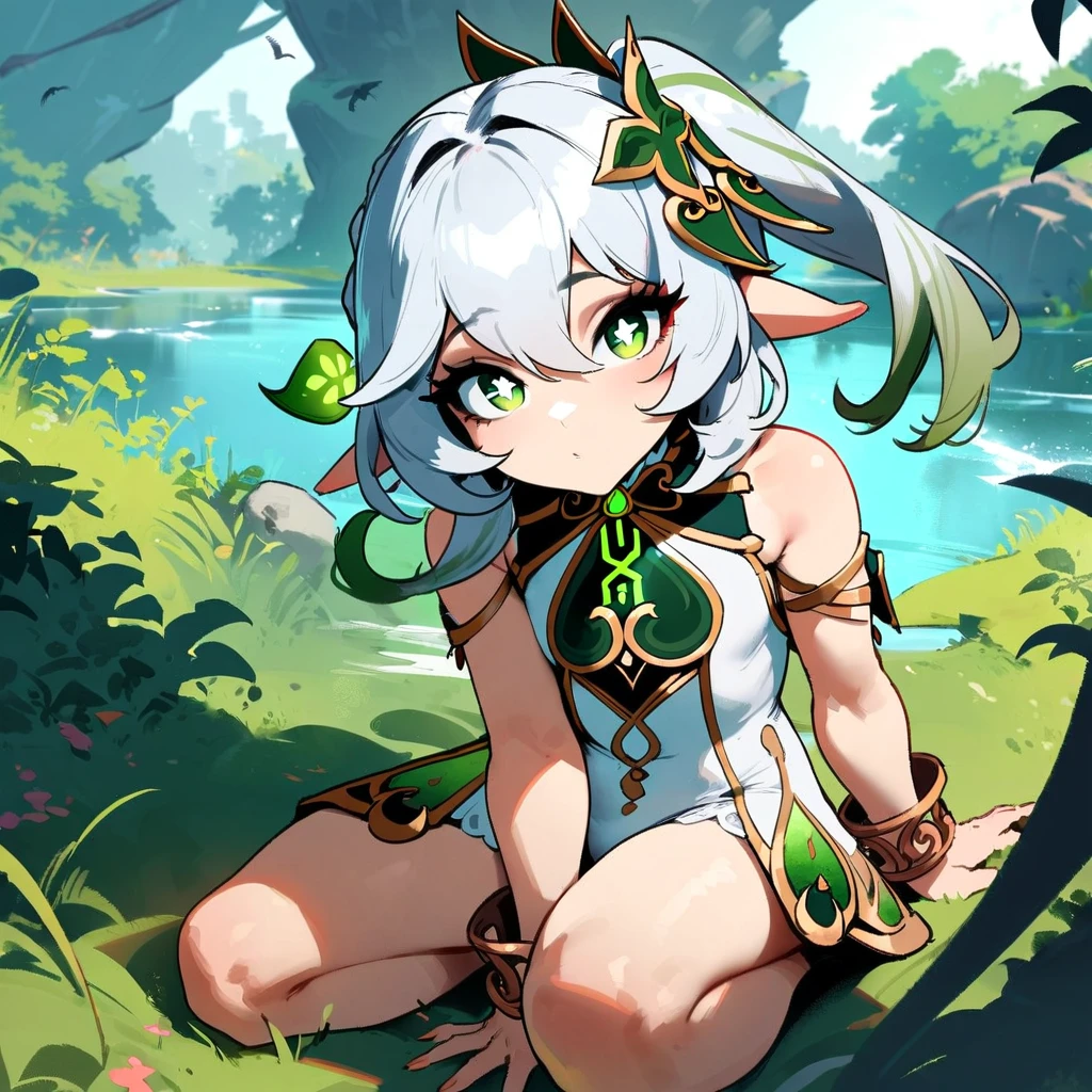 1girl, nahida \(genshin impact\), genshin impact\\\\\ masterpiece, best quality, very aesthetic, absurdres, newest \\\\\\ slim body,///// ,by nyantcha,cutesexyrobutts , by khyle,,////// beautiful face, sexy,  ,  greenery,, jungle,birds etc, looking at viewer, lime one-piece swimsuit,grass,lake